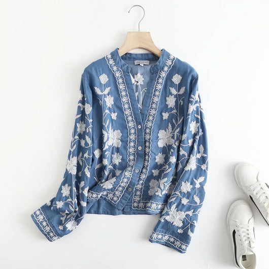 Camisa Denim de Algodón Tencel con Cuello V y Bordados para Mujer - Image 9