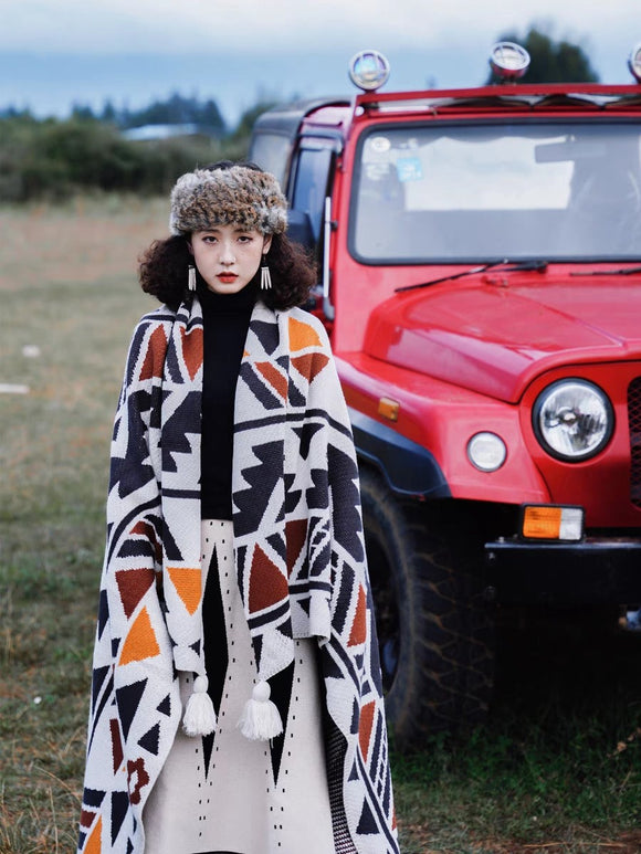 Chal Tejido Bohemio Étnico para Mujer - Poncho Versátil de Estilo Artesanal