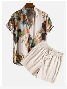 Camisa Cardigan Estampada Manga Corta para Playa Hombre