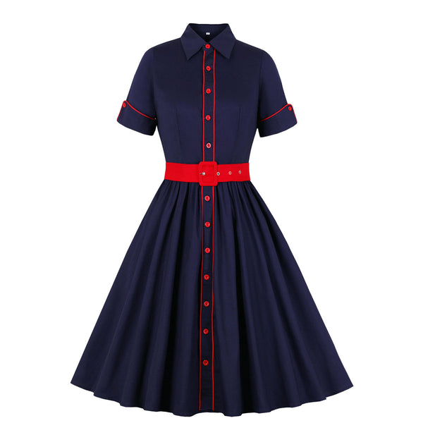 Vestido Vintage de Manga Corta con Cuello para Verano
