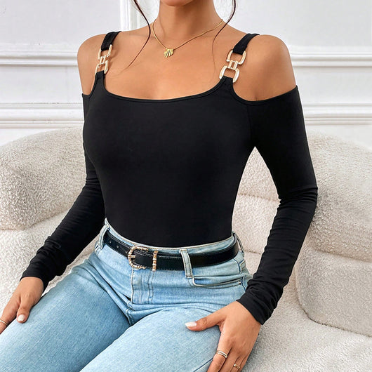 Blusa Sexy Tirantes Metálicos Hombro Descubierto Manga Larga - Image 5