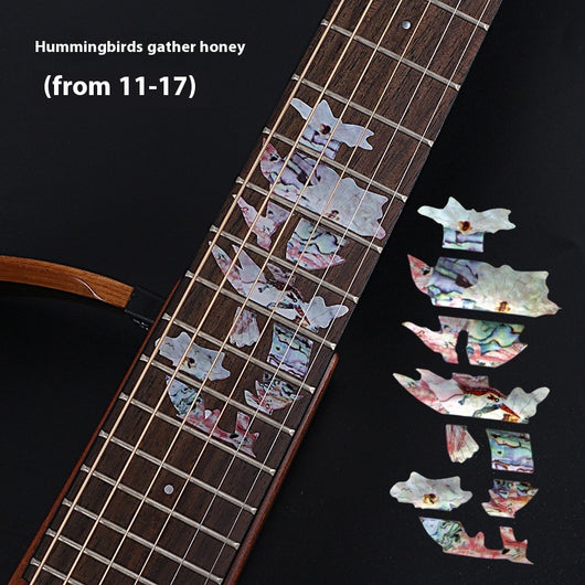 Blue cloud-shaped inlay stickers for guitar fingerboards, shown on a guitar neck and as a full sheet. - Image 24