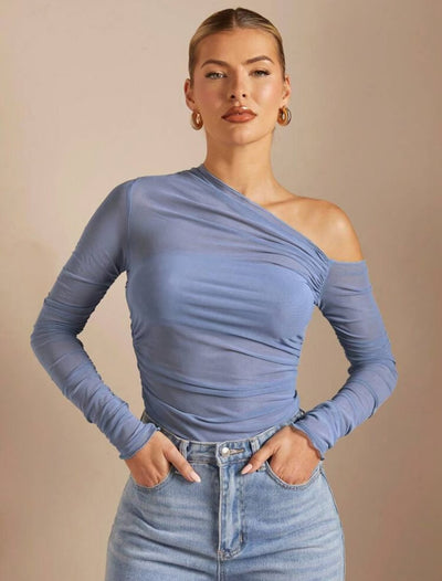 Blusa Larga de Malla Plisada con Manga Larga y Correa al Hombro para Mujer - Image 8
