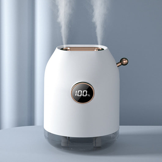 Dark green double nozzle humidifier with rose gold accents, digital display showing 100%, emitting mist. - Image 10