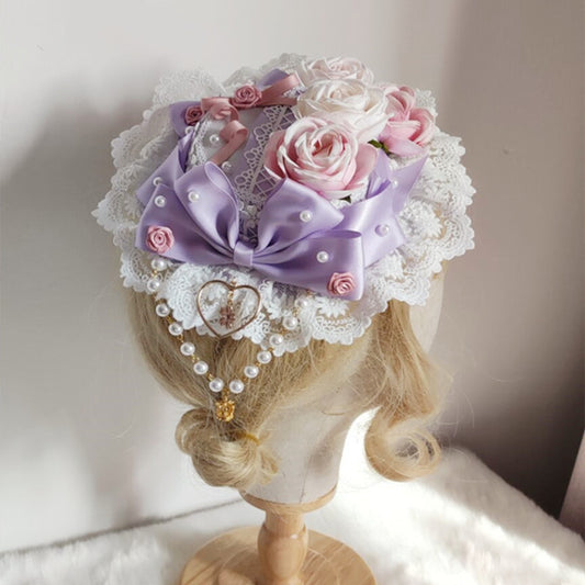 Sombrero Lolita Dulce con Encaje, Perlas y Moño