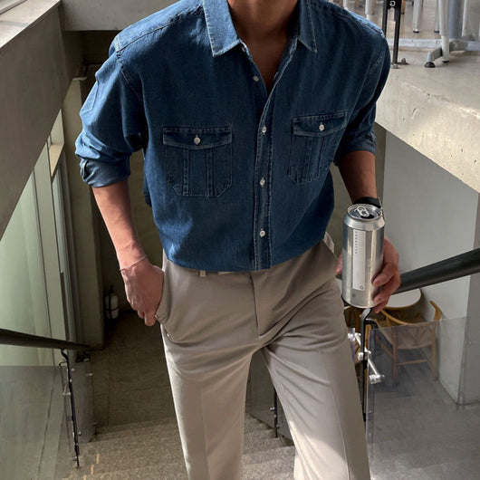 Camisa Suelta Estilo Coreano Azul para Trabajo - Image 2
