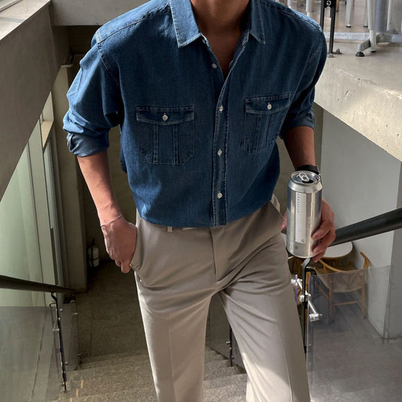 Camisa Suelta Estilo Coreano Azul para Trabajo