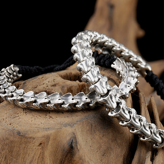 Pulsera Vintage de Plata Esterlina con Serpiente Espinada y Cuerda Tejida Ajustable - Image 3