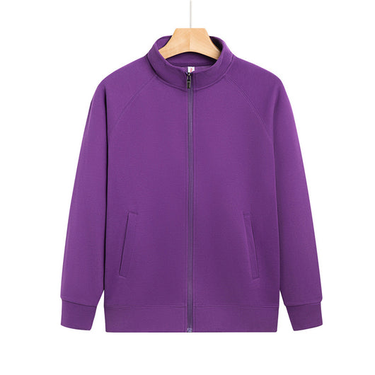 Purple full-zip jacket with a stand-up collar, raglan sleeves, and front pockets, displayed on a hanger. - Image 12