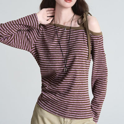 Blusa Slim Rayas Moradas con Hombros Descubiertos Manga Larga - Image 6