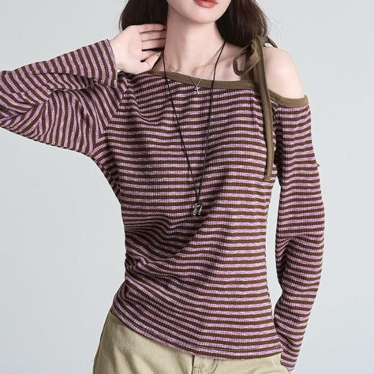 Blusa Slim Rayas Moradas con Hombros Descubiertos Manga Larga - Image 6