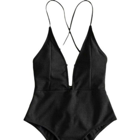 Olive green ribbed one-piece swimsuit with deep V-neck and criss-cross back straps, laid flat on marble. - Image 3