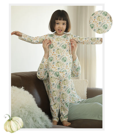 Bamboo cotton knitted parent-child pajama set with a pumpkin print long-sleeve top and solid light blue-grey pants. - Image 26