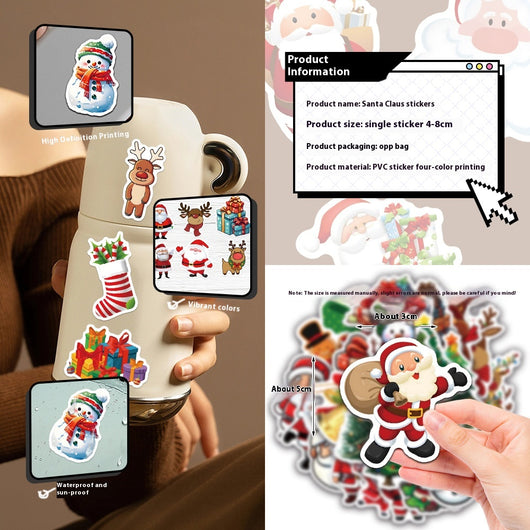 50-piece pack of cartoon Christmas waterproof stickers featuring Santa Claus, reindeer, snowmen, and gift boxes. - Image 3