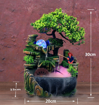Resin desktop fountain with simulation rockery, a green bonsai tree, glowing orb, and water wheel. Measures 30cm tall. - Image 12