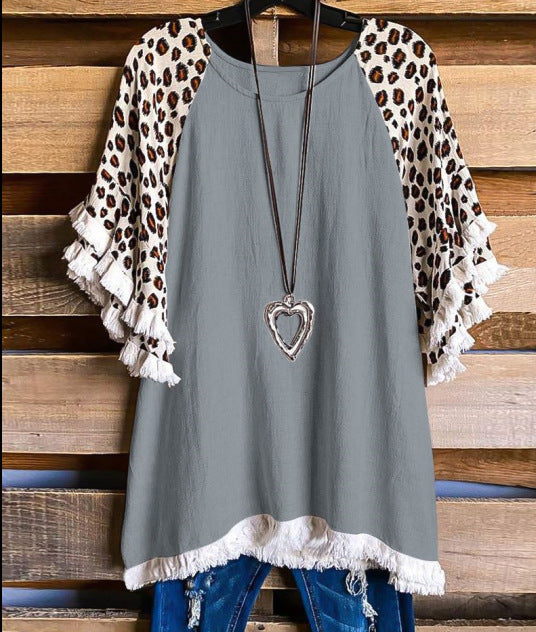 Blusa Suelta Cuello Redondo con Volantes de Encaje y Bloques de Color para Mujer