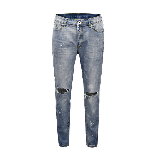 Jeans Slim Fit Azul con Corte en Rodilla y Diseño Spray Pintado - Image 6