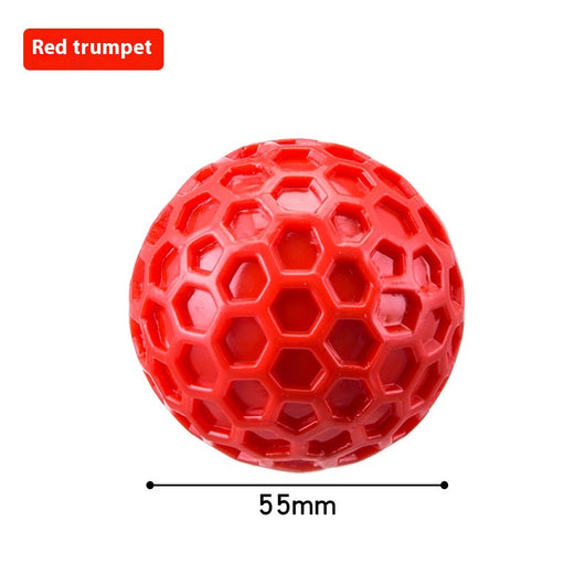 Red 65mm dog toy ball with a textured honeycomb surface, designed for vocalization, bite-resistance, and molar relief. - Image 7
