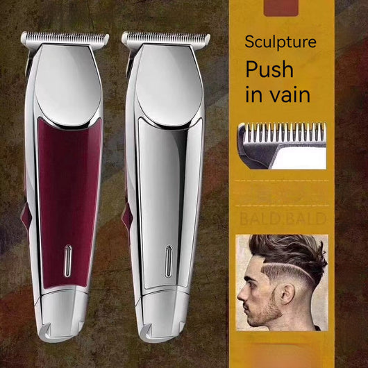 Silver and red barber carving scissors kit with oil, cleaning brush, charger, and 1mm, 2mm, 3mm limit combs.