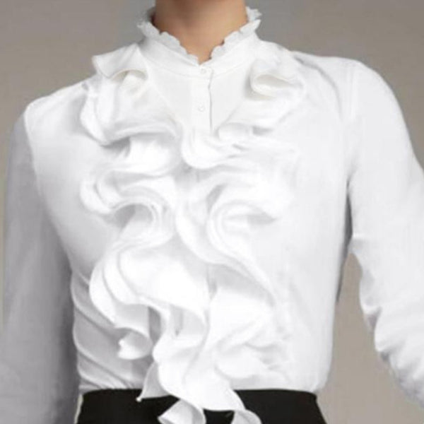 Blusa Clásica de Botones con Volantes y Colores Sólidos