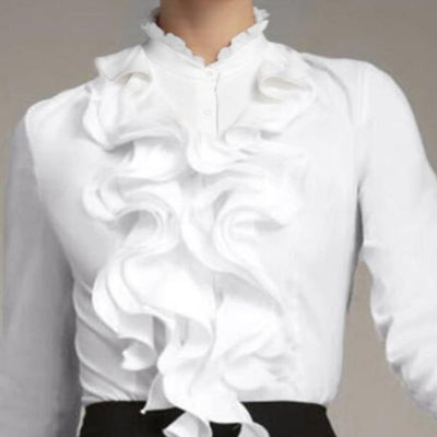 Blusa Clásica de Botones con Volantes y Colores Sólidos