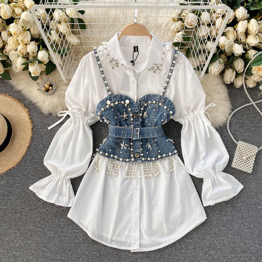 Conjunto Dos Piezas: Blusa Manga Abullonada con Detalles de Perlas y Chaleco Sling con Borlas