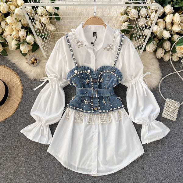 Conjunto Dos Piezas: Blusa Manga Abullonada con Detalles de Perlas y Chaleco Sling con Borlas