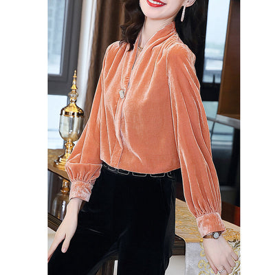 Blusa Terciopelo Dorado Cuello V Manga Larga Suelta Mujer - Image 9