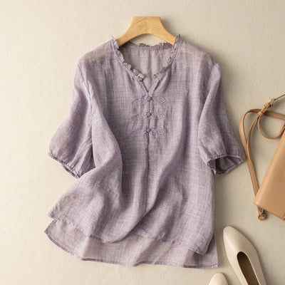 Blusa de Algodón y Lino Bordada con Cuello en V y Manga Corta - Image 7