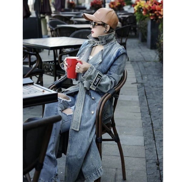 Abrigo Trinchera Denim Retro con Personalidad