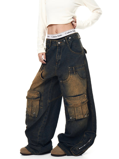 Pantalones Cargo Vintage Desgastados Multi-bolsillos Pierna Ancha Suelta - Image 18