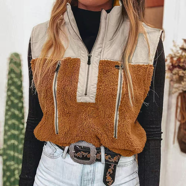 Chaleco de Lana para Mujer con Cuello Tipo Camisa y Costuras Decorativas