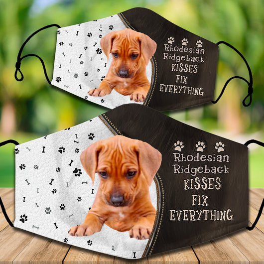 Cotton face mask with a Cavapoo dog graphic and "CAVOODLES KISSES FIX EVERYTHING" text. Features paw prints and bones. - Image 5