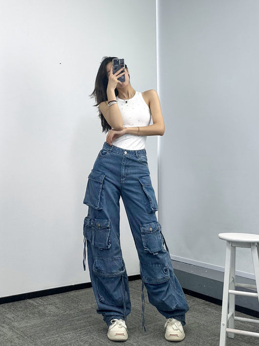 Pantalones Vaqueros Anchos para Mujer con Múltiples Bolsillos - Image 12