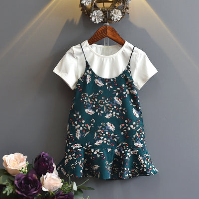Conjunto Infantil: Blusa Manga Corta con Falda Tirantes
