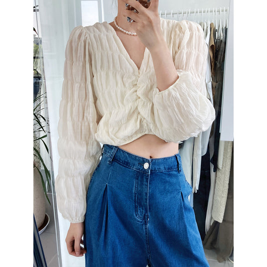 Blusa de Chifón con Escote V y Diseño Plisado
