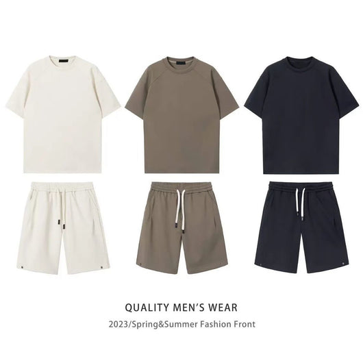 Khaki men's short-sleeved t-shirt and matching shorts set, featuring a loose fit and white drawstring. - Image 19