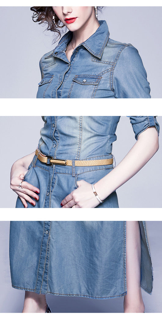 Vestido Denim Tencel Azul Slim con Solapa y Detalles de Abertura - Image 13