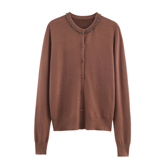Cardigan Elegante de Cuello Redondo y Manga Larga con Detalles de Joyería