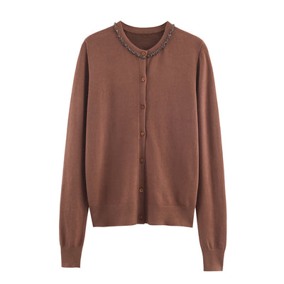 Cardigan Elegante de Cuello Redondo y Manga Larga con Detalles de Joyería