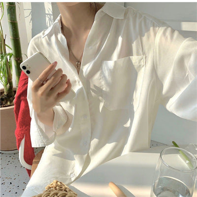 Camisa Suelta de Manga Larga en Color Liso para Mujer - Image 8
