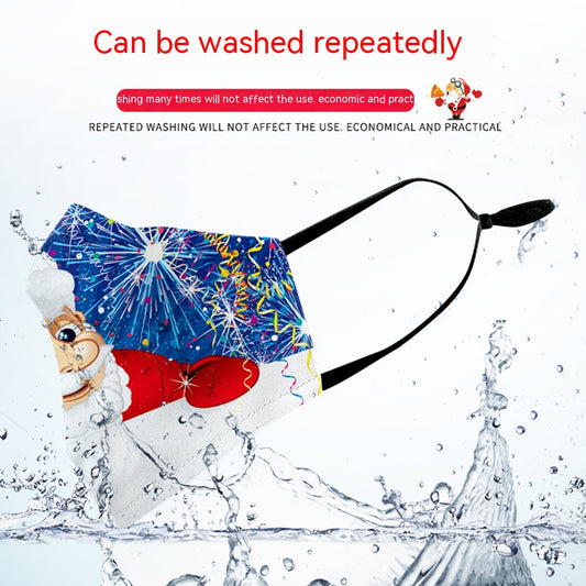 Light blue Christmas dust mask with a cartoon cool Santa Claus wearing sunglasses and gold rings, pointing forward.