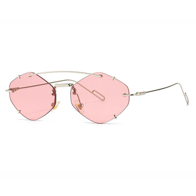 Metal frameless sunglasses for women with geometric gradient gray lenses and a silver-colored frame. - Image 10