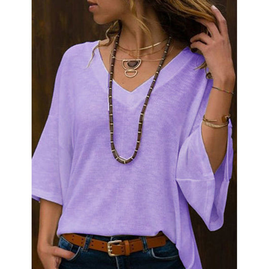 Blusa Suéter Clásico Cuello V Manga Media Talla Grande Mujer Holgado - Image 9