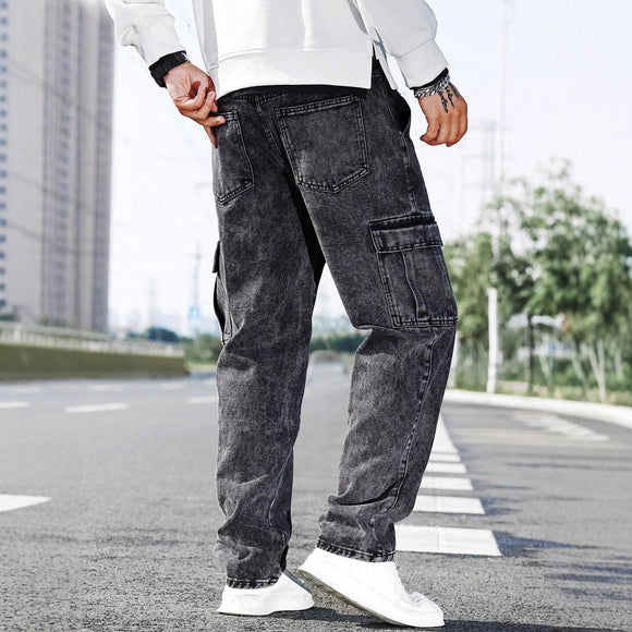 Calça Jeans de Trabalho Folgada com Vários Bolsos - Estilo Urbano Moderno