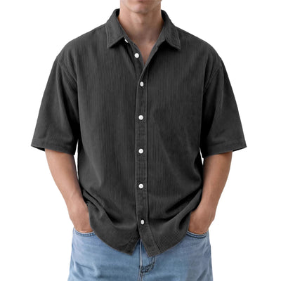 Camisa de Pana Suelta para Hombre - Manga Corta Color Sólido - Image 3