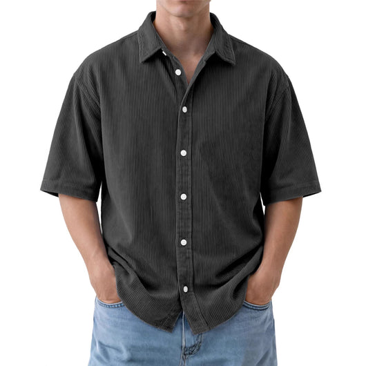 Camisa de Pana Suelta para Hombre - Manga Corta Color Sólido - Image 3