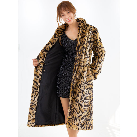 Abrigo Largo de Pelaje de Leopardo Talla Grande - Felpa de Visón Sintético