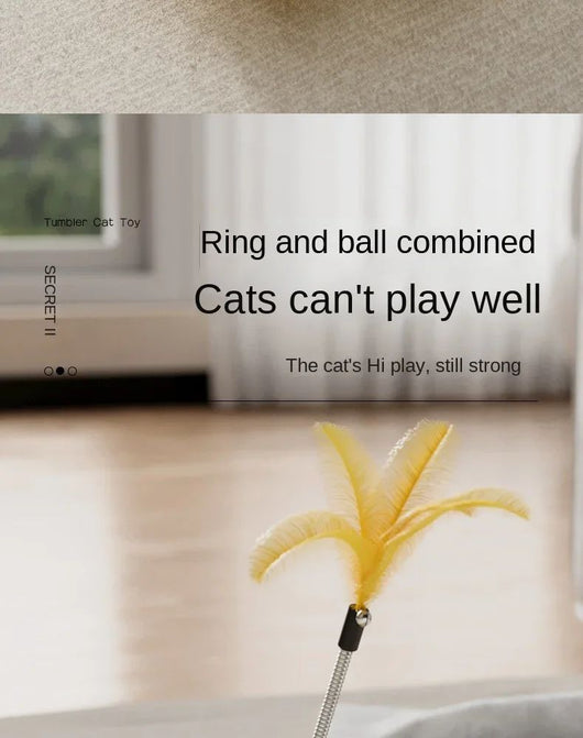 Yellow UFO tumbler cat toy with rolling balls, a clear dome, and a spring-mounted feather wand with a bell. - Image 18