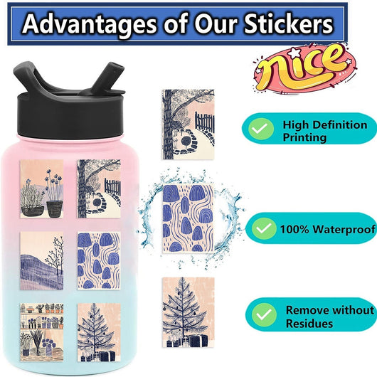 55 portable abstract art stickers in a cute cartoon style, featuring animals, objects, and scenes in pink, blue, and cream. - Image 15
